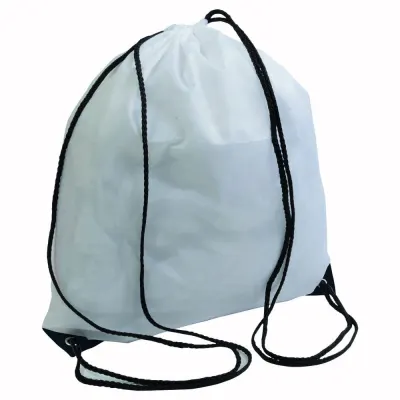 Rucsac alb din poliester 210T, cu închidere cu șnur, colțuri întărite – cu personalizare logo