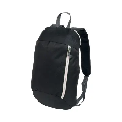 Rucsac negru din poliester 600D, cu 2 buzunare și fermoare colorate. Curele și spate căptușite – cu personalizare logo